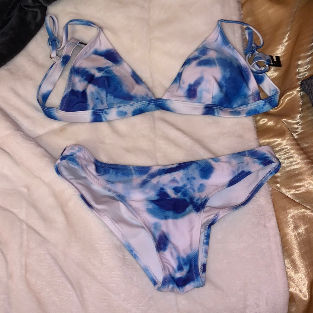 blue and white tie dye bikini